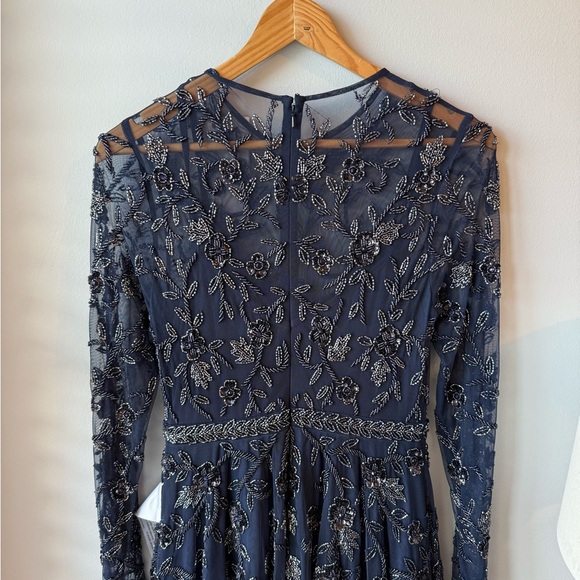 MAC DUGGAL Navy Beaded Illusion High Neck Long Sleeve A Line Dress NEW! S #10799 - Picture 11 of 13